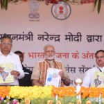 The Prime Minister, Shri Narendra Modi inaugurating the Health and Wellness Centre to mark the launch of Ayushman Bharat, in Bijapur, Chhattisgarh on April 14, 2018. The Chief Minister of Chhattisgarh, Dr. Raman Singh and the Union Minister for Health & Family Welfare, Shri J.P. Nadda are also seen.